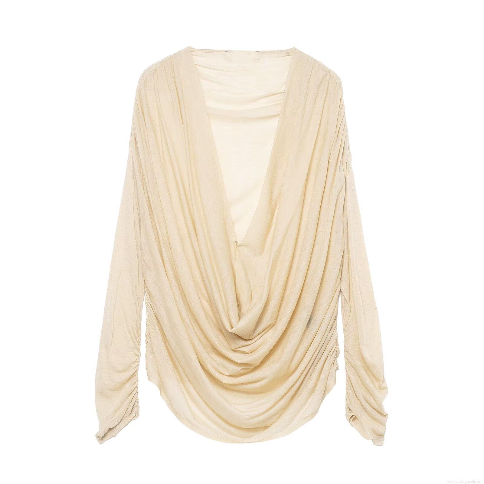 Women Sexy Drape Neck Long Sleeve Top Pleated Ruching Slim Fit Solid Color Polyester Spandex Blouse For Daily Party Commuting Elegant Fashion Tee