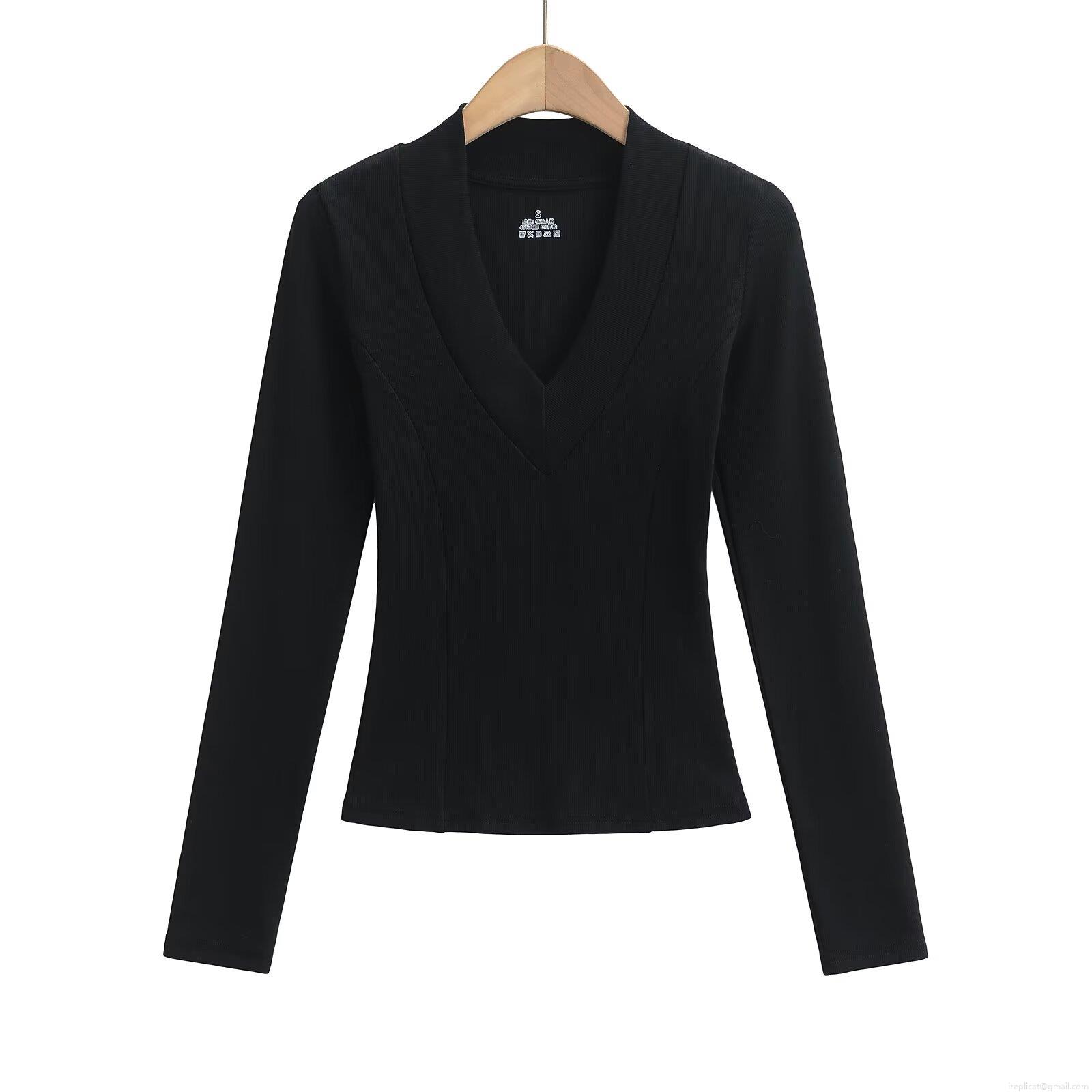 Women's Casual V Neck Long Sleeve T-Shirt Viscose Cotton Elastane Blend Ribbed Slim Fit Solid Color Breathable Top For Daily Wear