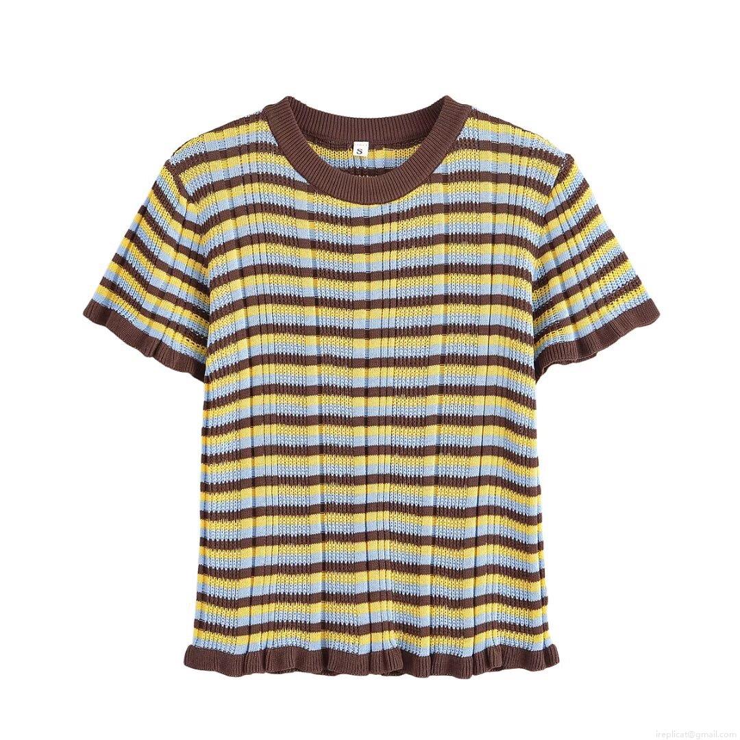 Women's Striped Knit T-Shirt Contrast Color Ribbed Short Sleeve Round Neck Casual Retro Pullover Top With Ruffle Hem For Women Daily Wear