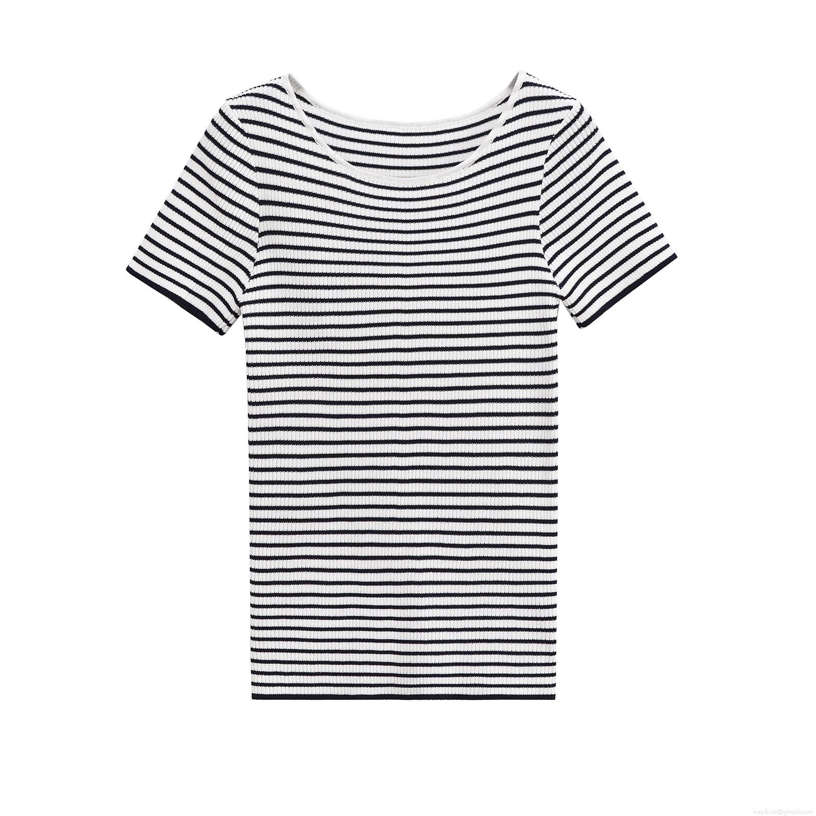 Women Striped Short Sleeve T-Shirt Ribbed Knit Slim Fit Crew Neck Top Casual Summer European Style Basic Polyester Tee For Daily Travel Wear