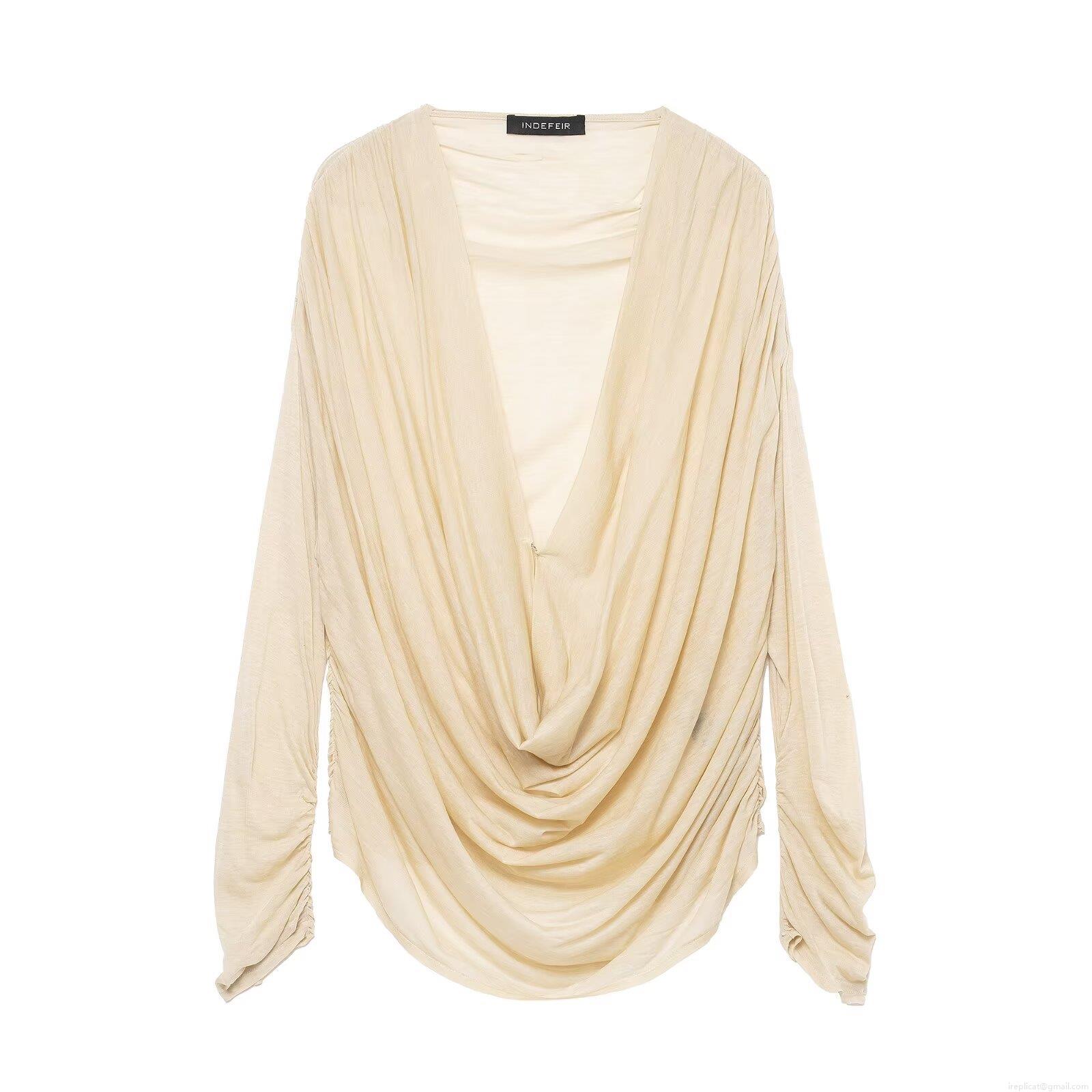 Women's Sexy Deep V Neck Ruched Long Sleeve T-Shirt Elegant Draped Neckline Slim Fit Pleated Solid Color Beige Top Casual Lightweight Knit Blouse