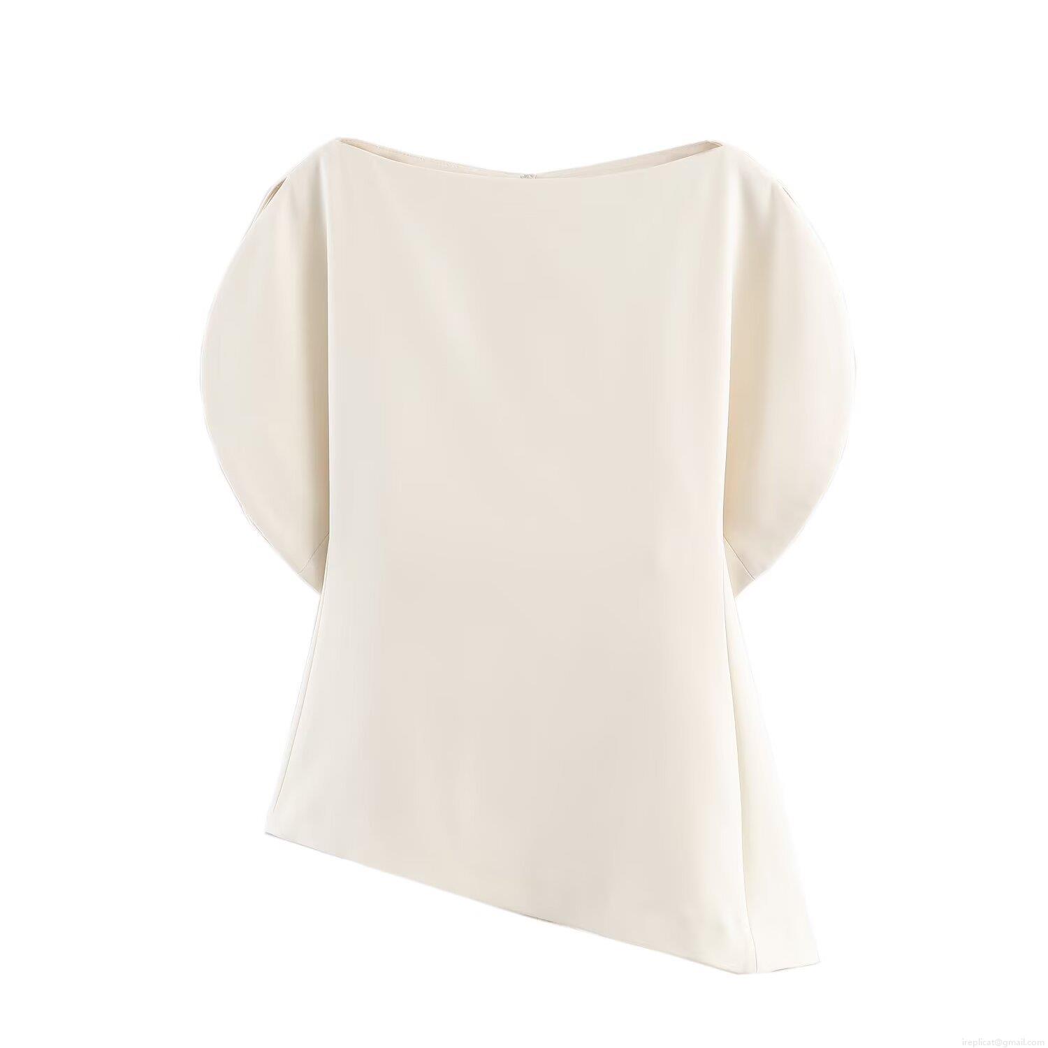 Women Fashion Puff Short Sleeve Top Solid Color Woven Blouse With Asymmetric Hem And Back Invisible Zipper Casual Elegant Streetwear Off White Tee