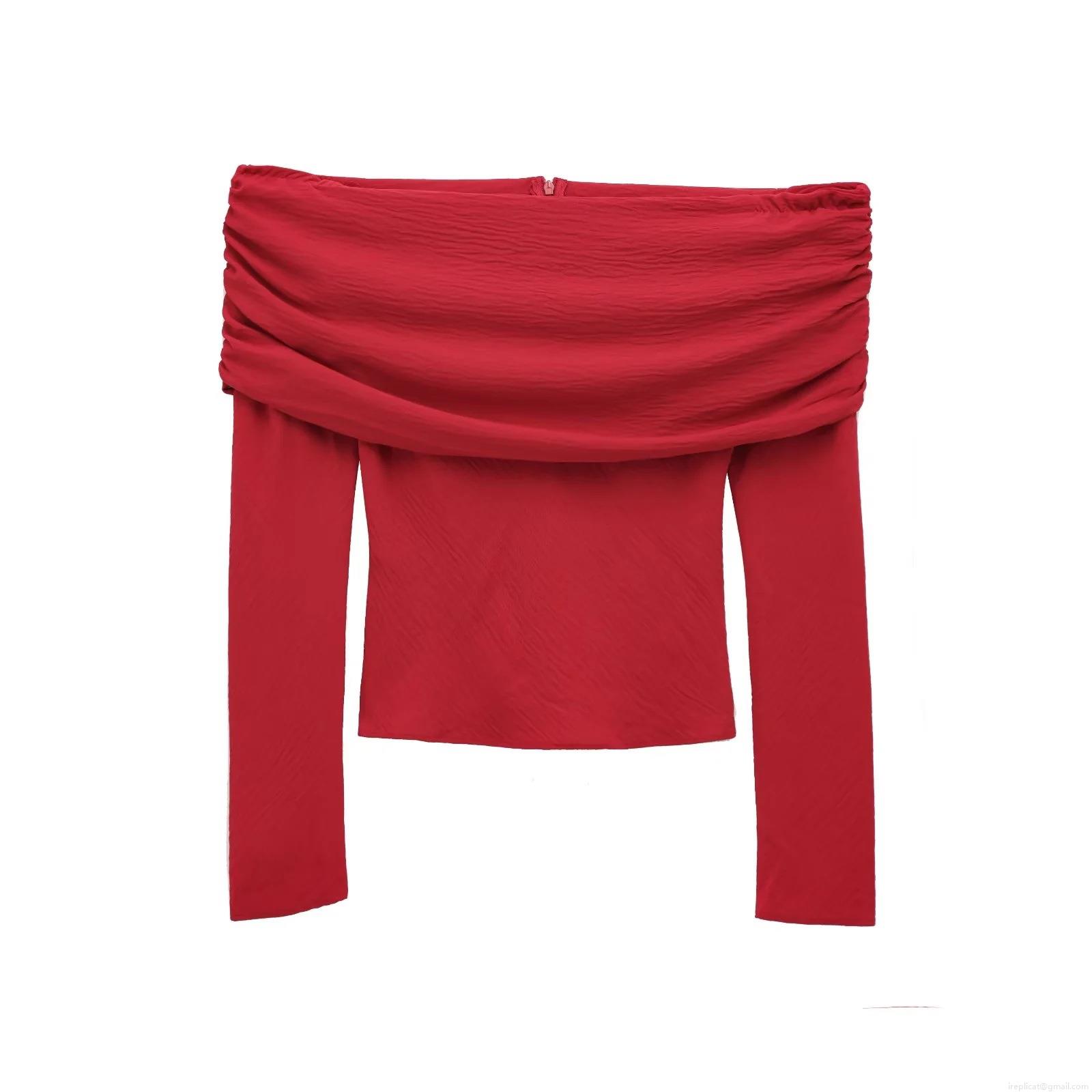 Women's Sexy Off-Shoulder Ruched Long Sleeve Chiffon T-Shirt Slim Fit Solid Red Blouse With Back Zipper Elegant Streetwear Party Top For Ladies