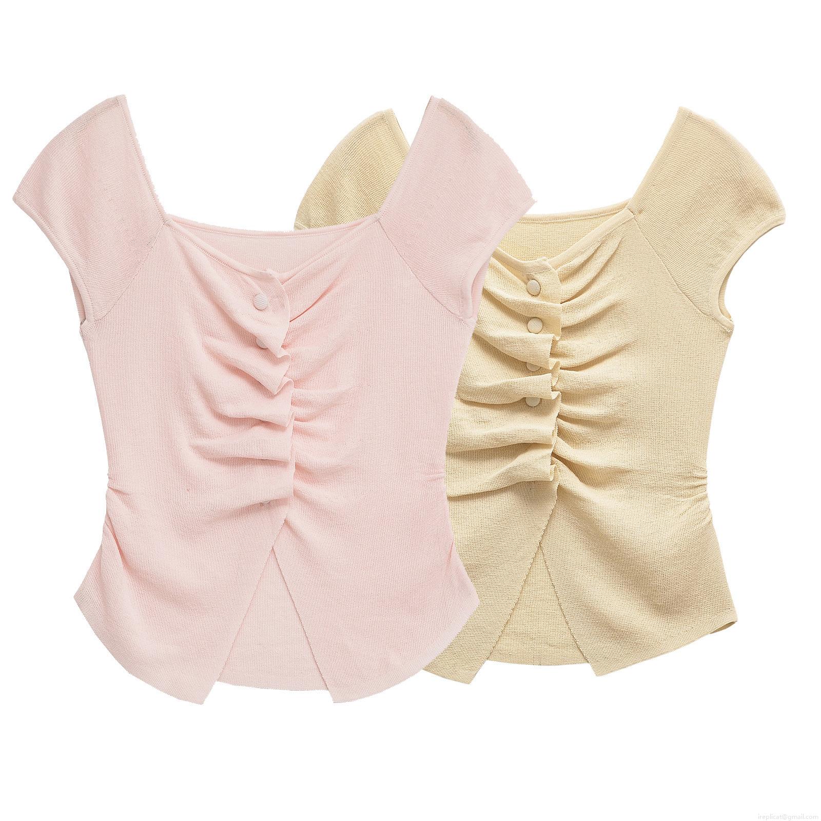 Women's Knitted Ruched T-Shirt Short Sleeve Square Neck Top Decorative Buttons Slim Fit Casual Streetwear Blouse For Women