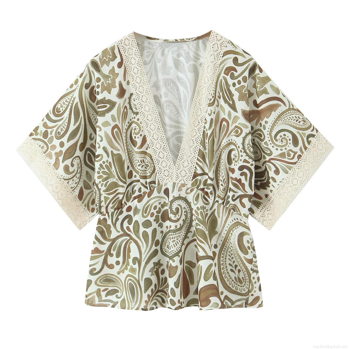 Women Bohemia Paisley Print Top Polyester Lace Trim V Neck Loose Fit Half Sleeve Breathable Casual Daily Beach Vacation Vintage Ethnic Chic For Lady