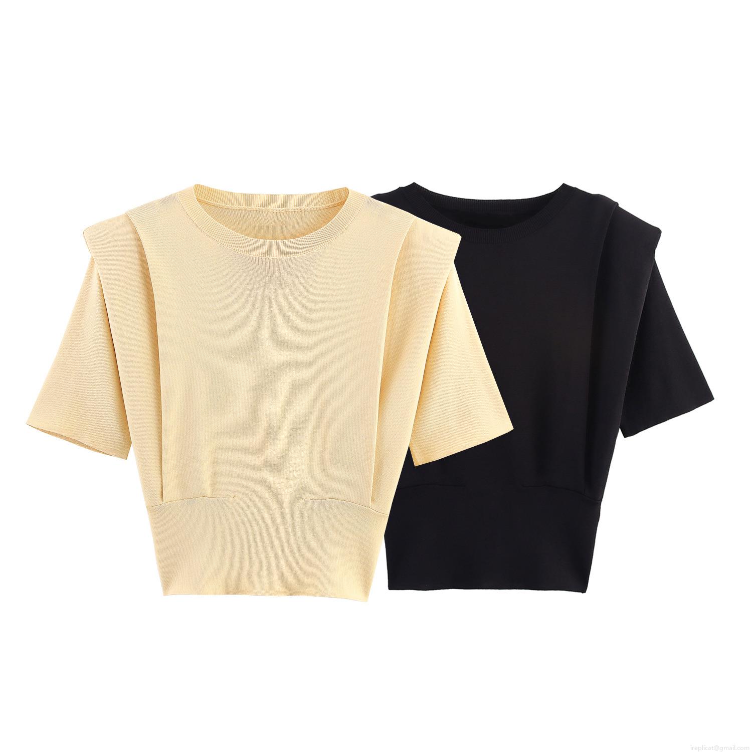 Women's Padded Shoulder Knit Top Polyester Short Sleeve Round Neck T-Shirt American Casual Streetwear Solid Color Tee Daily Wear Comfort Basic Elegant Pullover For Lady