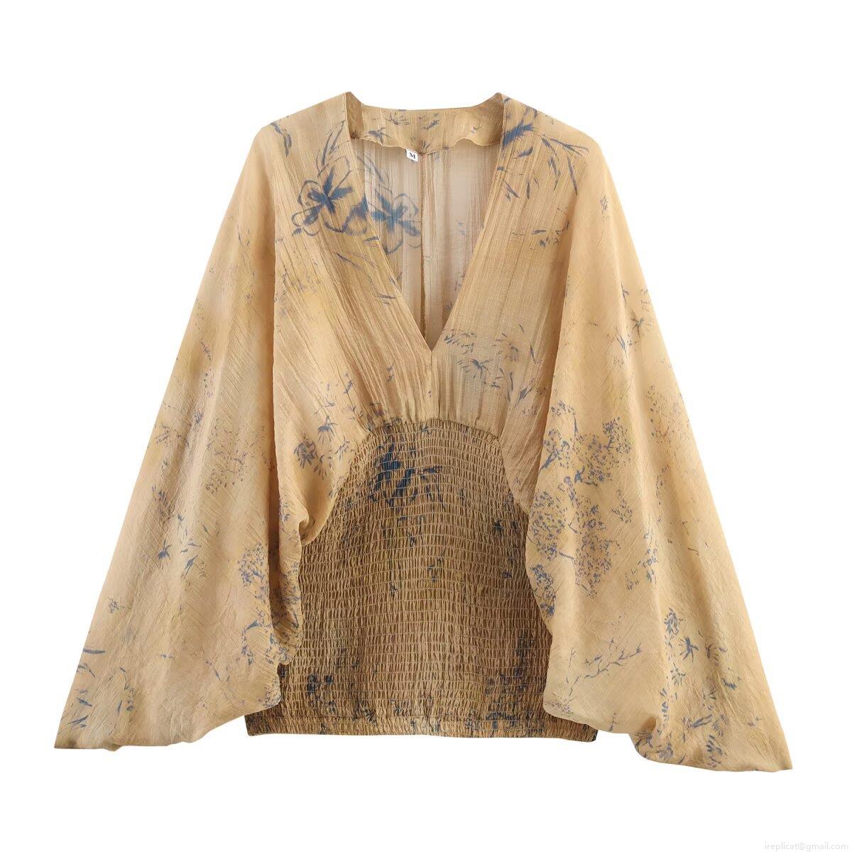 Women's V-Neck Floral Printed Top Long Sleeve Polyester Chiffon Texture Smocked Waist Pullover Blouse For Daily Casual Streetwear