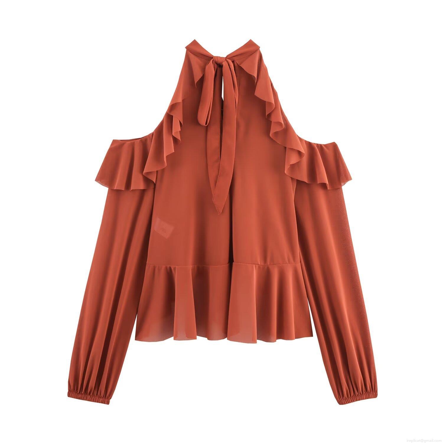 Women's Casual Polyester Long Sleeve Halter Neck Top With Ruffle Decoration Cold Shoulder Elegant Loose Fit Blouse For Daily Streetwear