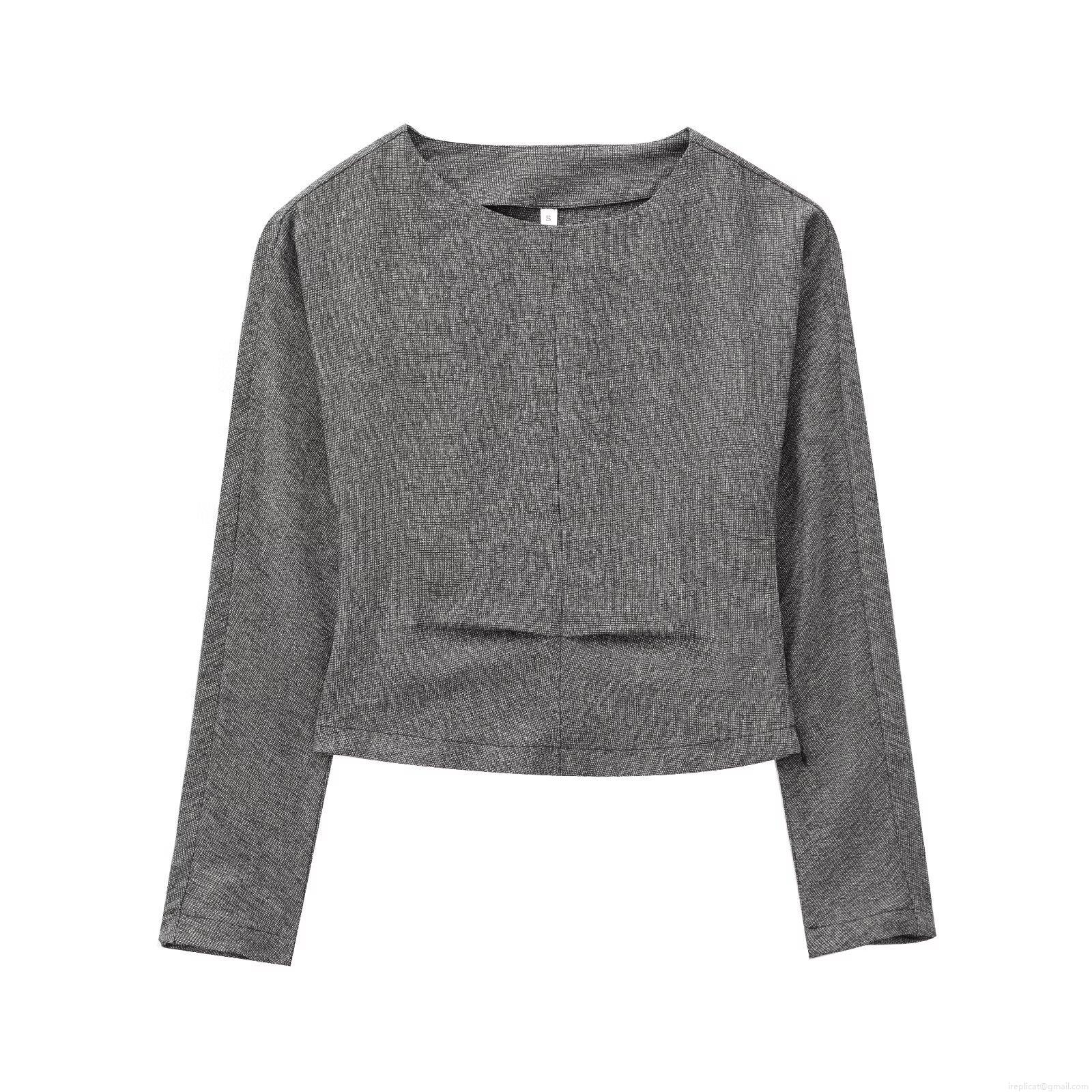 Women's Casual Long Sleeve T-Shirt Round Neck Pleated Decoration Grey Knit Top Lightweight Polyester Blend Fabric Breathable Comfy Tee for Daily Autumn Winter