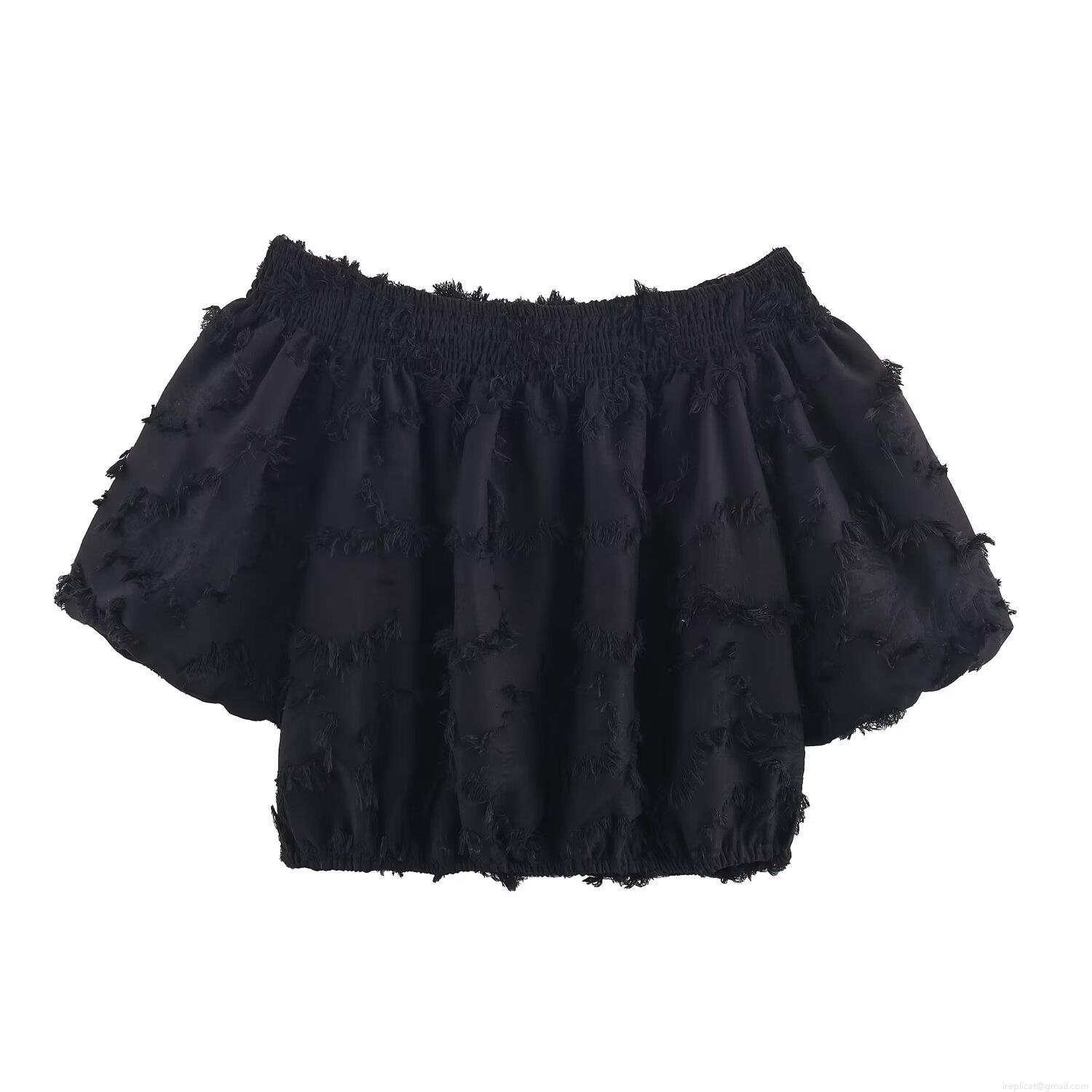 Women's Black Off Shoulder Bubble Sleeve Top Frayed Trim Shredded Texture Crop T-Shirt Sexy Summer Western Style Casual Blouse For Women