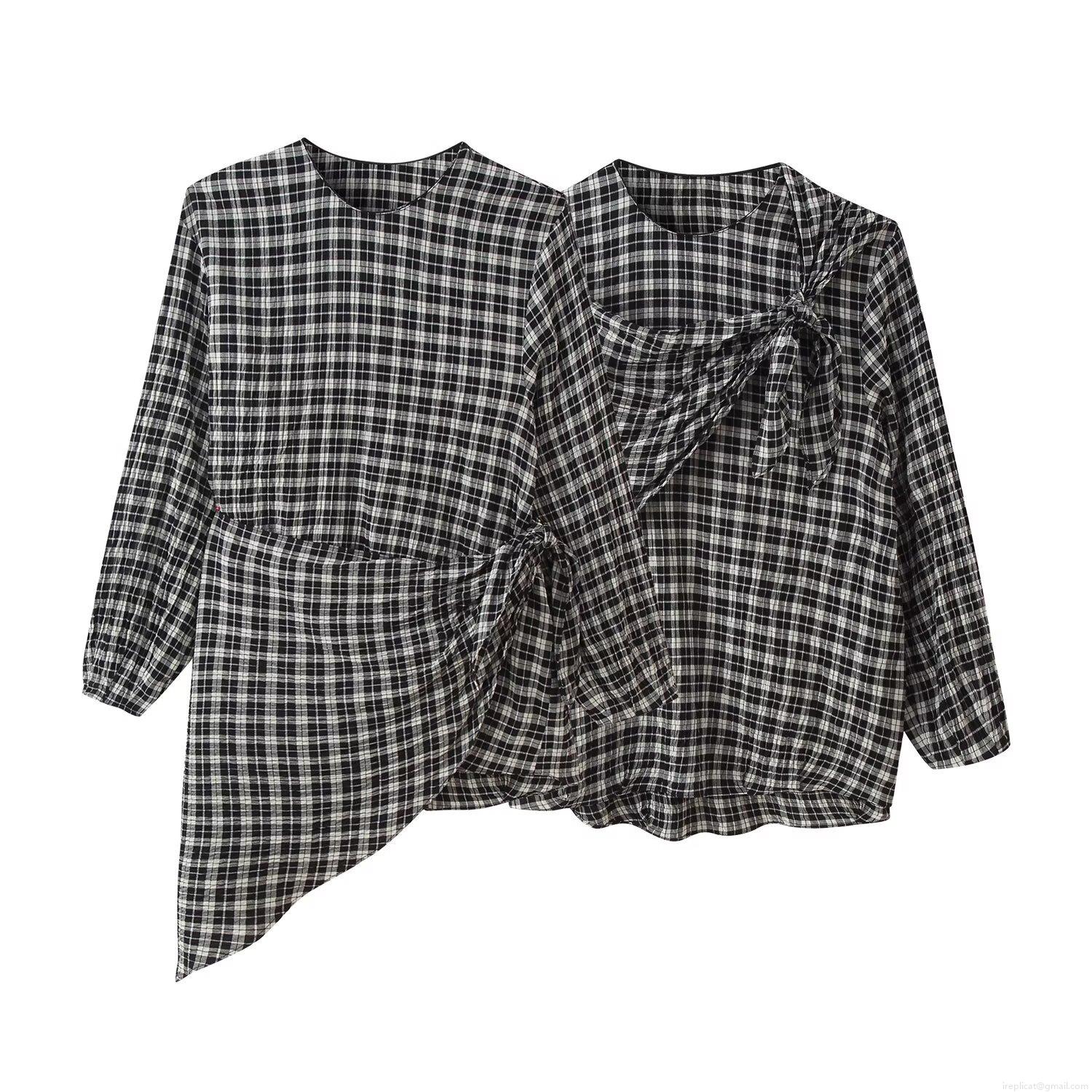 Women's Plaid Shirt Blouse Polyester Seersucker Long Sleeve Bow Tie Neck Irregular Hem Casual Daily Wear French Retro Elegant Style Ladies Tops