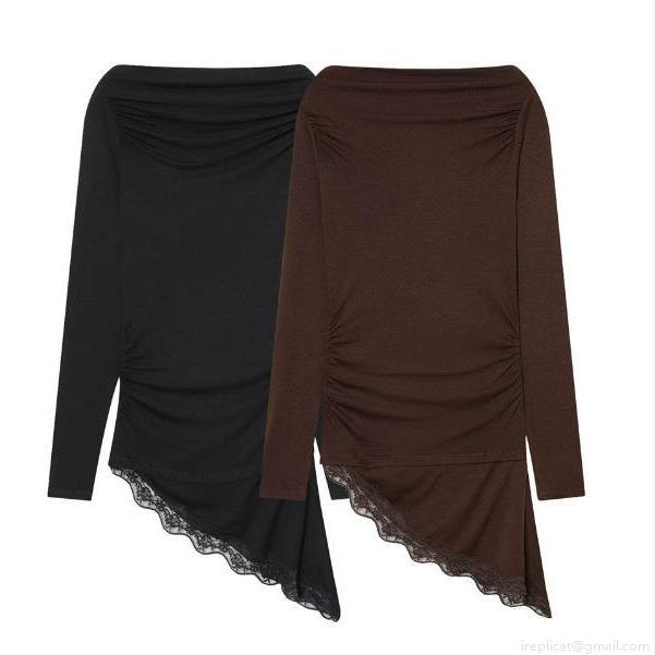 Women Sexy Off Shoulder Long Sleeve Top With Asymmetric Lace Hem Ruched Polyester Slim Fit T-Shirt Blouse For Women Chic Streetwear