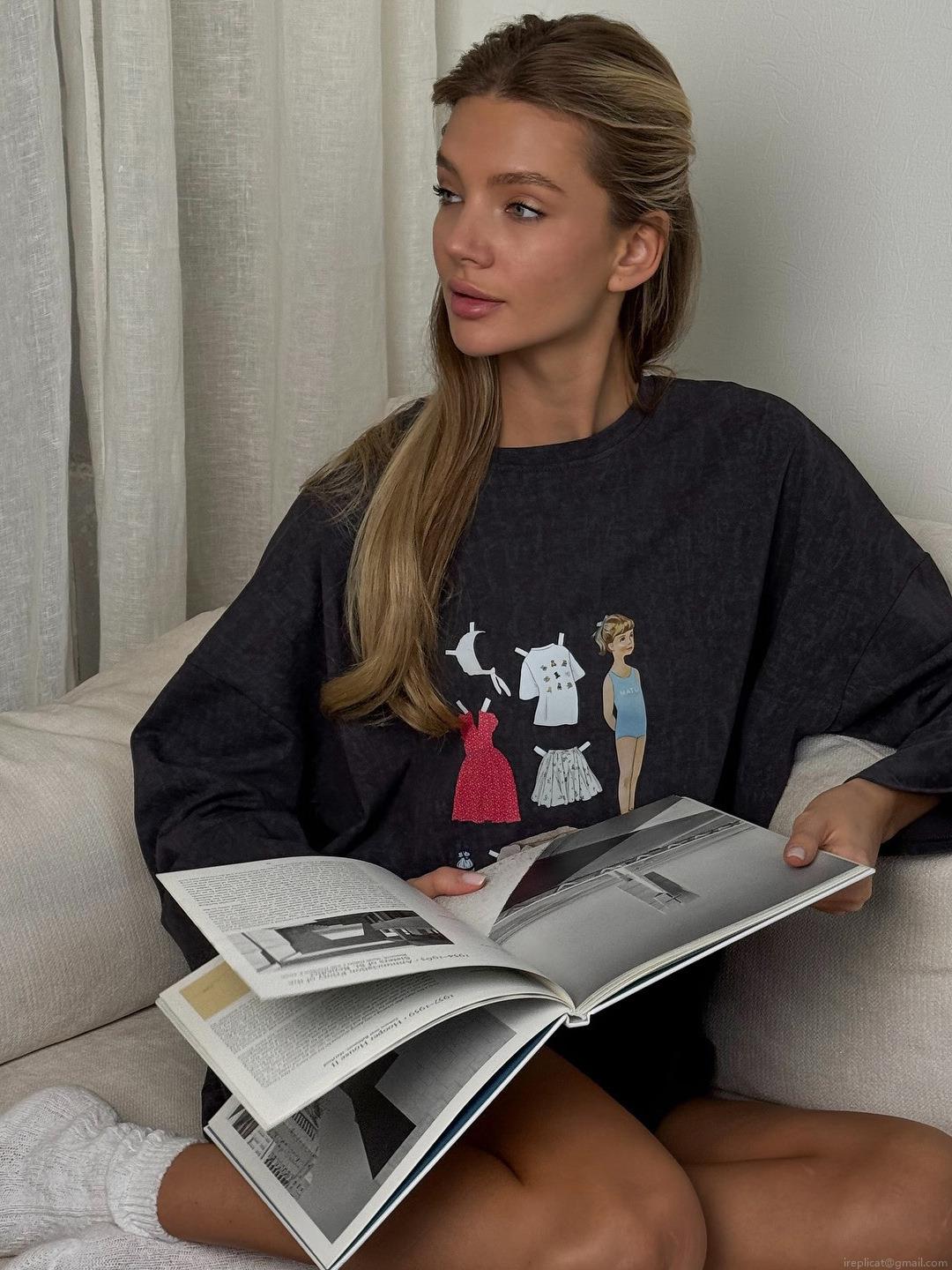 Women's Vintage Washed Cotton Blend Long Sleeve T-Shirt Oversized Round Neck Graphic Printed Top Casual Streetwear Loose Tee