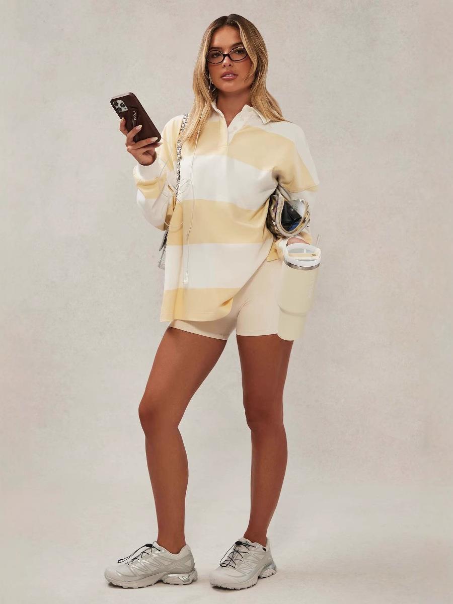 Women's Striped Long Sleeve Polo Shirt Retro Combed Cotton Rugby Top Casual Oversized Lapel Knit Sweatshirt For Spring Autumn Fashion