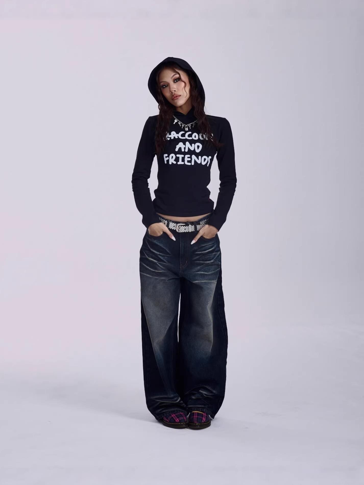 Women Vintage Y2K Letter Print Hooded Long Sleeve Top Slim Fit Streetwear T-Shirt 95% Cotton 5% Polyester Retro Graphic Tee For Women