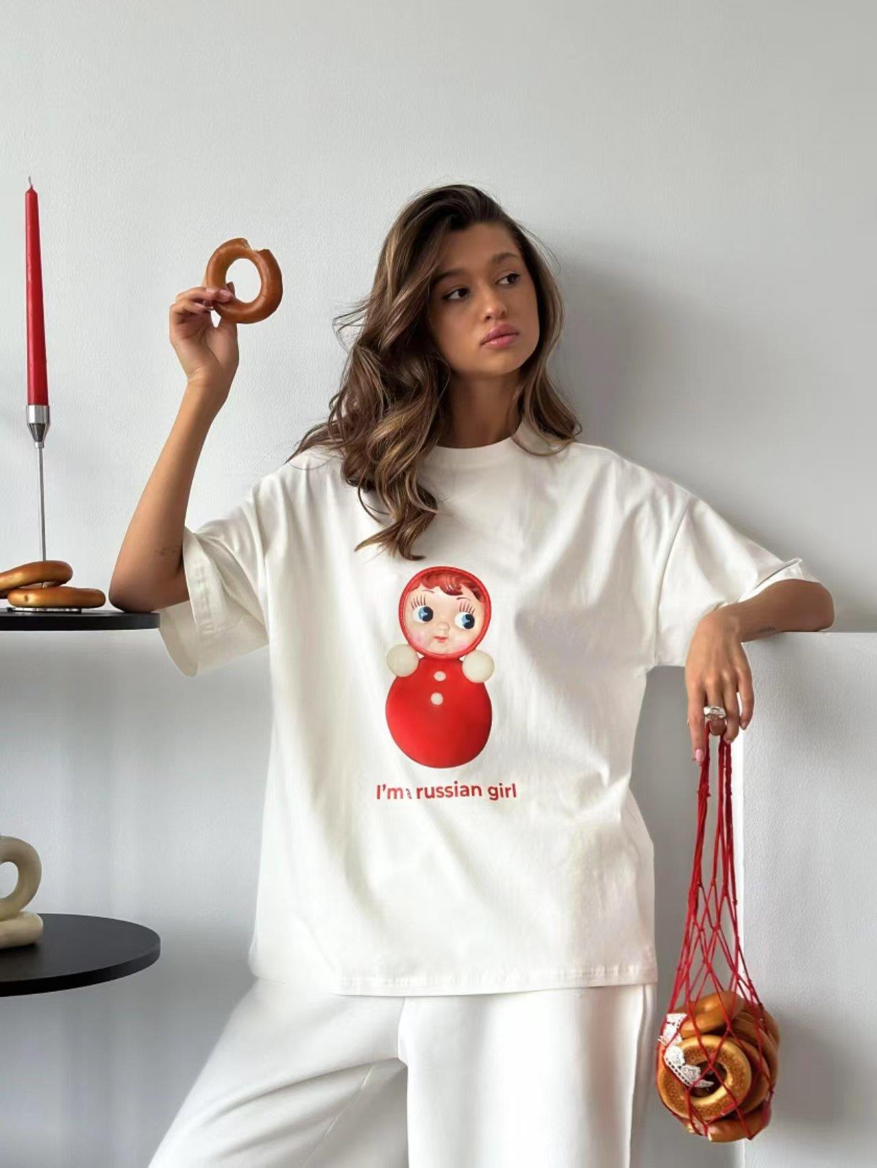 Women's Oversized Cotton Blend T-Shirt Russian Nesting Doll Print Round Neck Dropped Shoulder Short Sleeve Casual Street Style Top