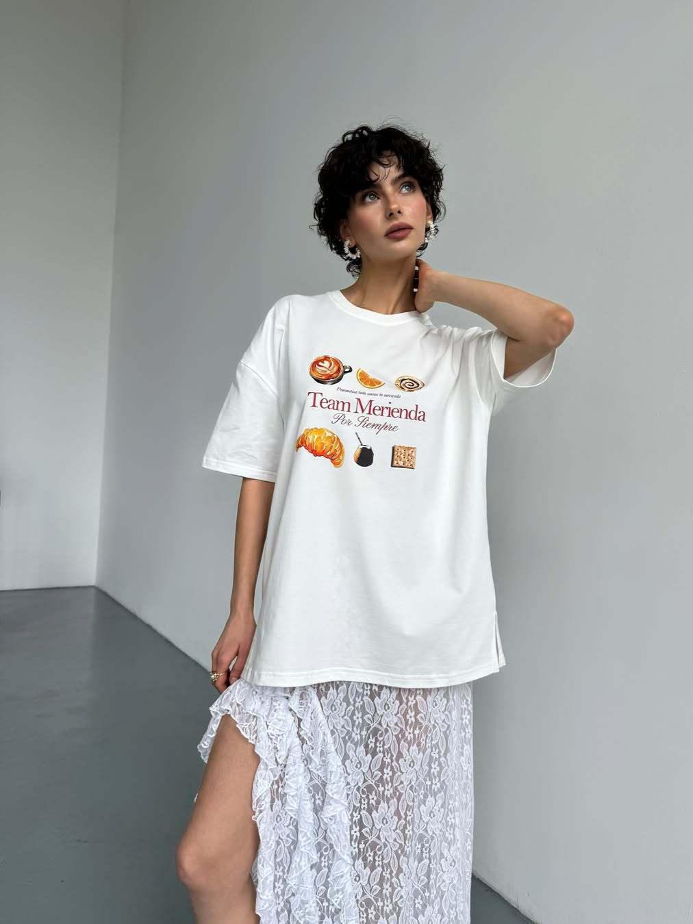 Women's Oversize T-Shirt 95% Cotton 5% Polyester Knit Short Sleeve Round Neck Dropped Shoulder Food Print Street Casual Summer Top White