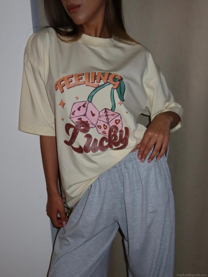 Women's Oversized Cotton Blend T-Shirt American Vintage Feeling Lucky Letter Dice Cherry Graphic Print Short Sleeve Crew Neck Casual Streetwear Tee