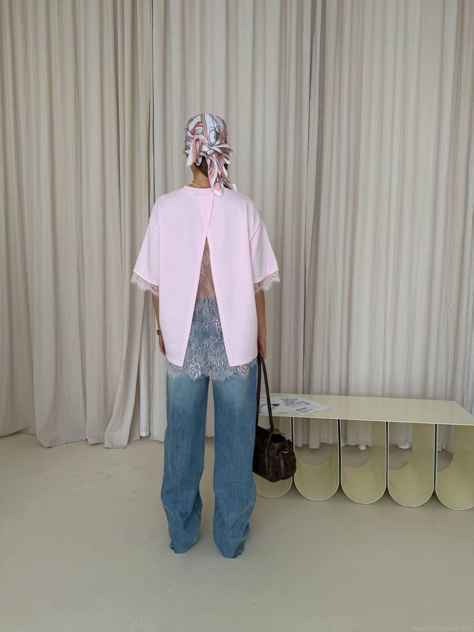 Women's Loose Casual Lace Patchwork T-Shirt Back Slit Round Neck Cotton Short Sleeve Top Summer Oversized Street Style Tee