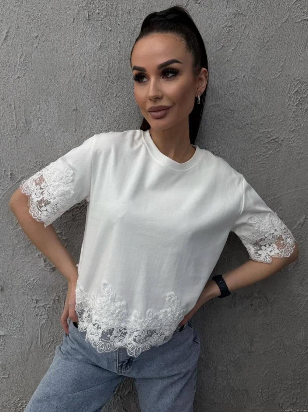 Women's Casual Cotton T-Shirt With Lace Trim Loose Patchwork Short Sleeve Round Neck Summer Daily Streetwear Fashion Top For Women