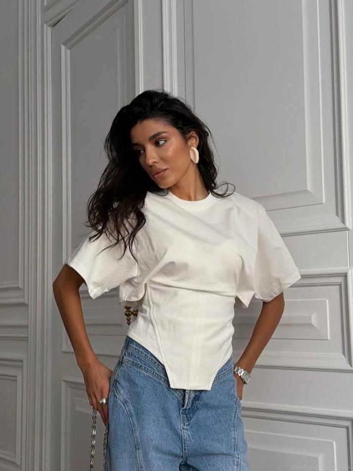 Women's Sexy Corset Style Cotton T-Shirt Slim Fit Short Sleeve Round Neck Solid Color Top Summer Minority Design Waist Cinched Streetwear Tee for Ladies