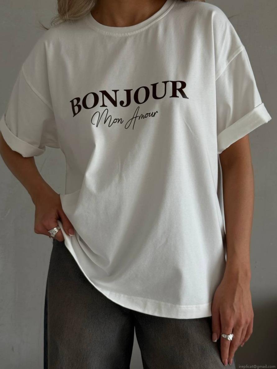 Women 100% Cotton T-Shirt Loose Fit Round Neck Short Sleeve Letter Print Casual Summer Top BONJOUR Mon Amour Breathable Soft Basic Tee For Daily Wear