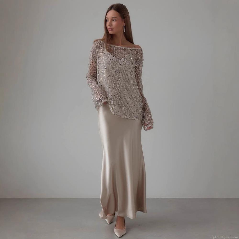 Women Sequin Mesh Top Shiny Hollow Out Blouse Sexy Off Shoulder Long Sleeve Loose T-Shirt Glitter Clubwear Party Tops