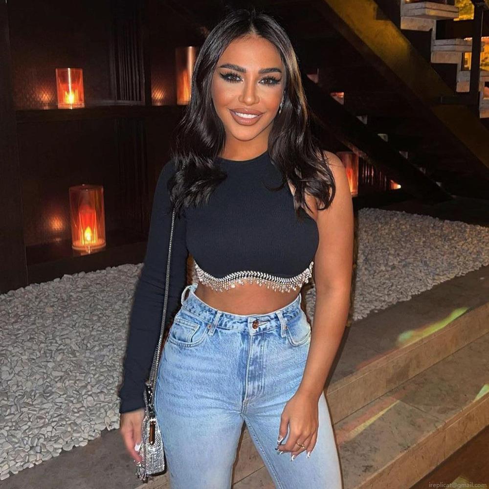 Women's Sexy One Shoulder Crop Top Long Sleeve Ribbed Knit T-Shirt With Rhinestone Fringe Tassel Hem Party Clubwear Solid Color Slim Fit Top